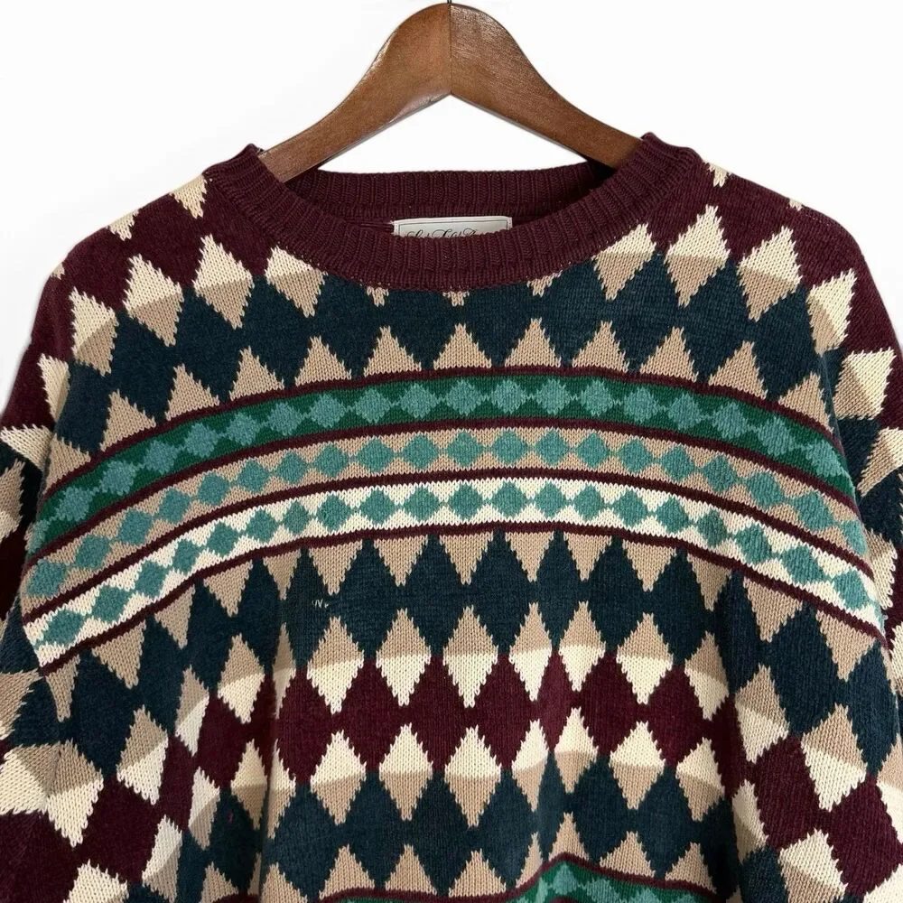 VTG 90s Saks Fifth Avenue 100% Cotton Geometric Grandpa Sweater Multicolor XL